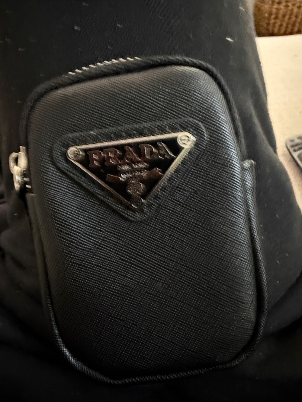 Prada Black Saffiano Leather Men's Belt Bag Pouch with Silver Triangle Logo